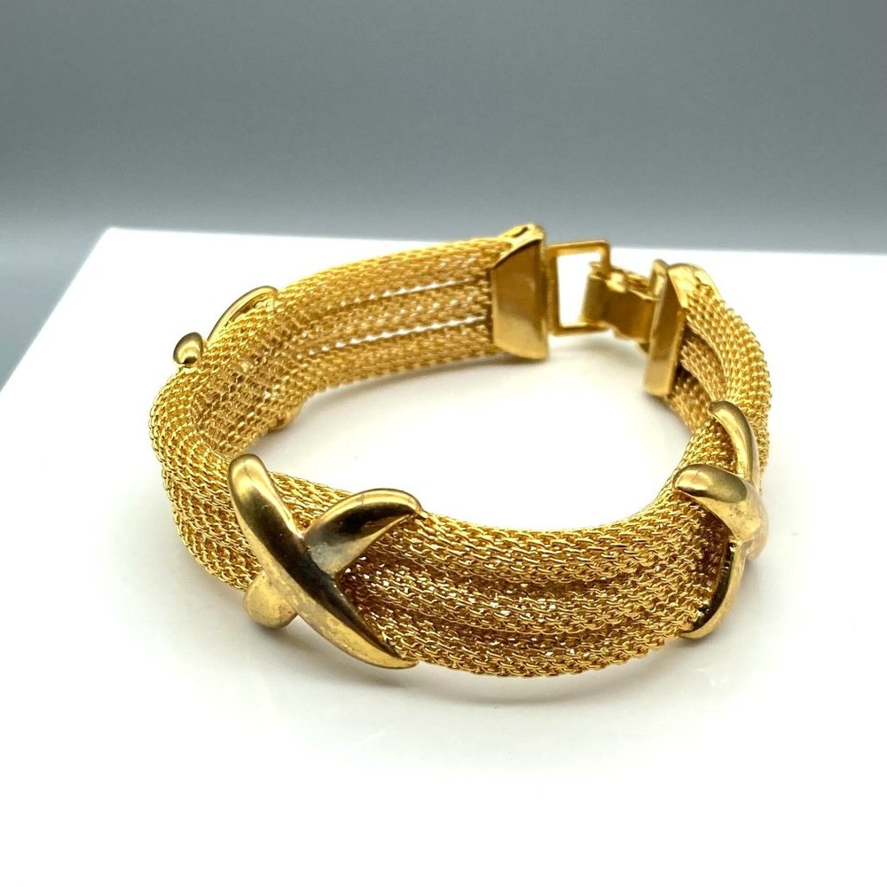Retro Golden Mesh Bracelet with Polished X Stations, Gold Tone Vintage Chic Bang
